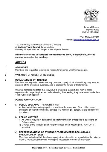 Agenda 19/04/10 - Matlock Town Council