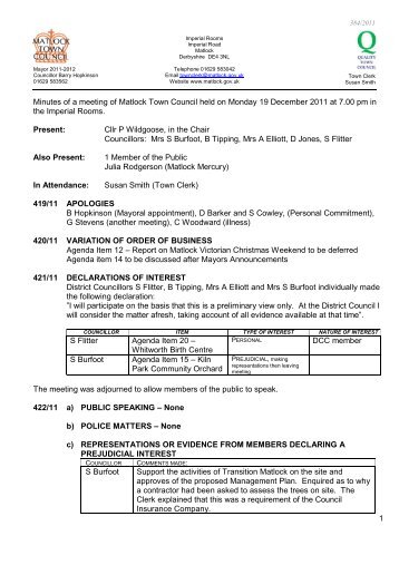 Minutes 19/12/11 - Matlock Town Council