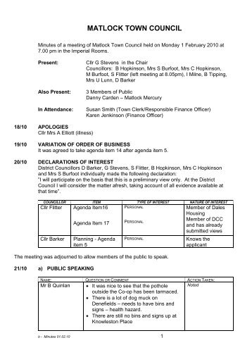 Minutes 01/02/10 - Matlock Town Council