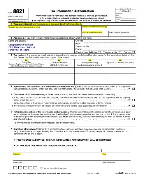 power of attorney form 8821
Form 11 (Rev. April 11) - Paul Ryan power of attorney form 8821
Form 11 (Rev. April 11) - Paul Ryan