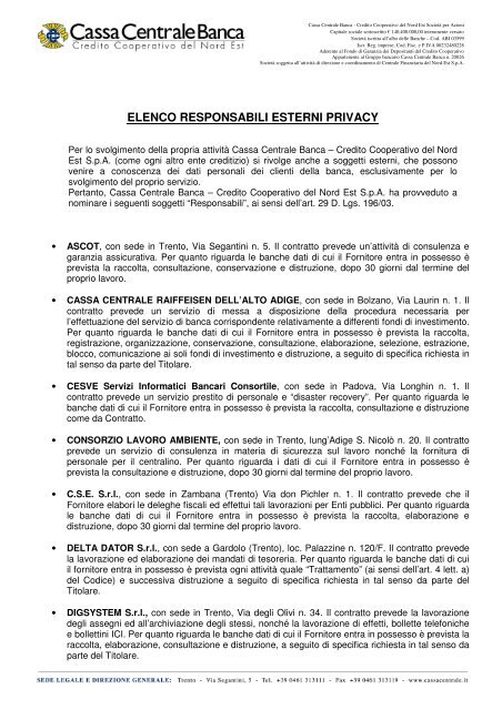 Elenco Responsabili Esterni Privacy Cassa Centrale Banca