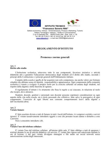 REGOLAMENTO D'ISTITUTO Premessa e norme generali - Nitti