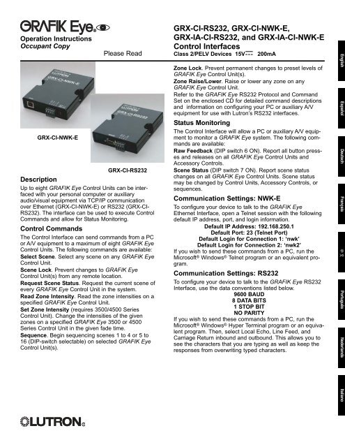 Lutron Interface R5232 GRX-CI-RS232, GRX-CI-NWK-E, GRX-IA-CI ... - Lutron Electronics