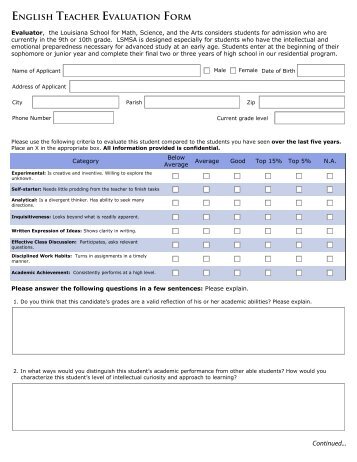 English Teacher Evaluation Form - Louisiana School for Math ...