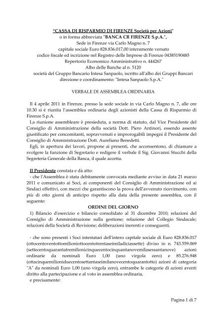 Verbale di Assemblea ordinaria dei Soci - Banca CR Firenze