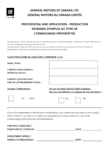 Preferential Hire Form For Cami with leaflet - CAW 199