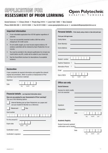 Application for Assessment of Prior Learning - Open Polytechnic