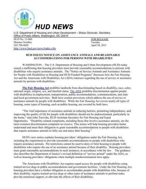 HUD Issues Notice On Assistance Animals And Reasonable ...