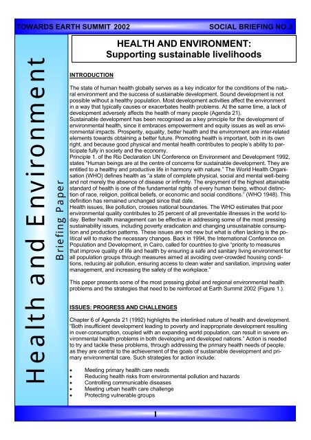 Environmental Briefing Note Examples Briefing paper on Health and Environment - Earth Summit 2002
