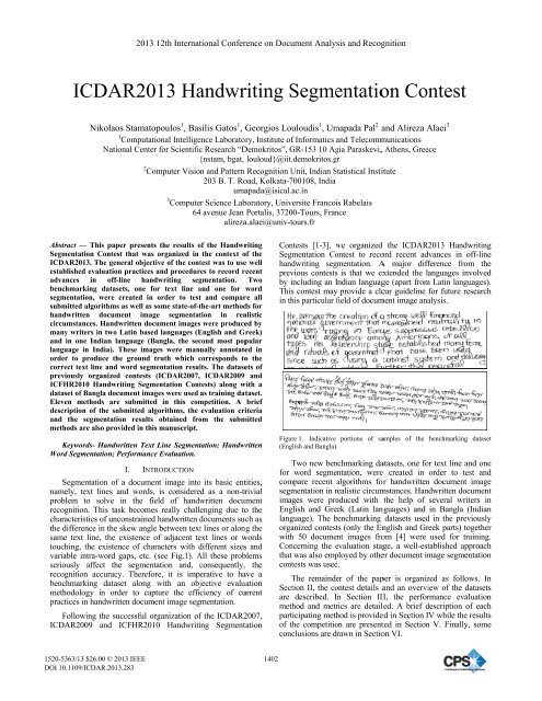 ICDAR 2013 Handwriting Segmentation Contest