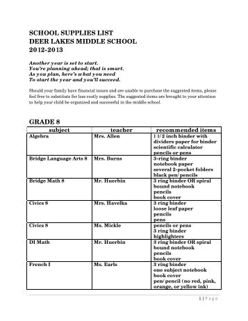 school supplies list deer lakes middle school 2012-2013 grade 8