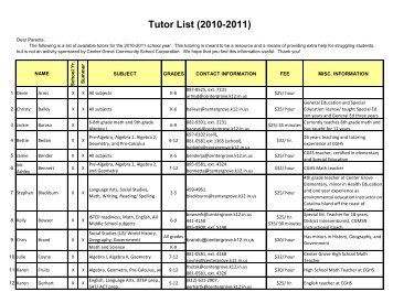 Tutor List (2010-2011) - Center Grove Community School Corporation