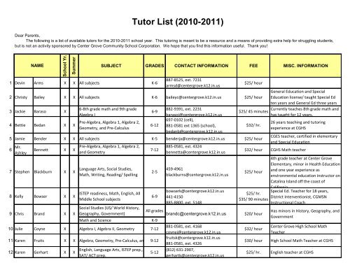 Tutor List (2010-2011) - Center Grove Community School Corporation