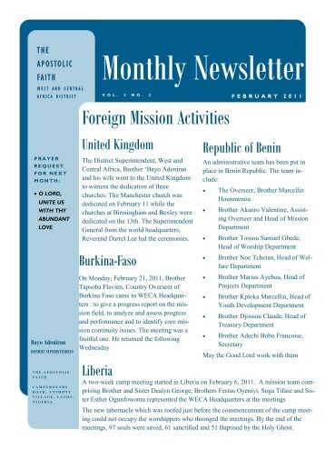 Foreign Mission Activities - Apostolic Faith, West & Central Africa
