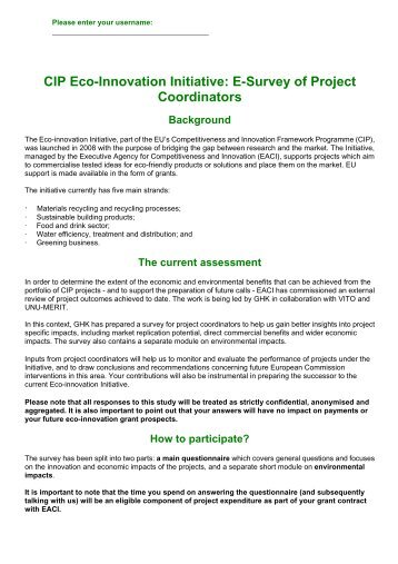 CIP Eco-Innovation Initiative: E-Survey of Project Coordinators - GHK