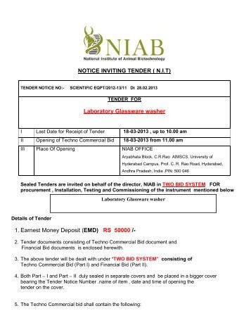 NOTICE INVITING TENDER ( N.I.T) Laboratory Glassware ... - NIAB