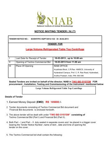 NOTICE INVITING TENDER ( N.I.T) Large Volume ... - NIAB