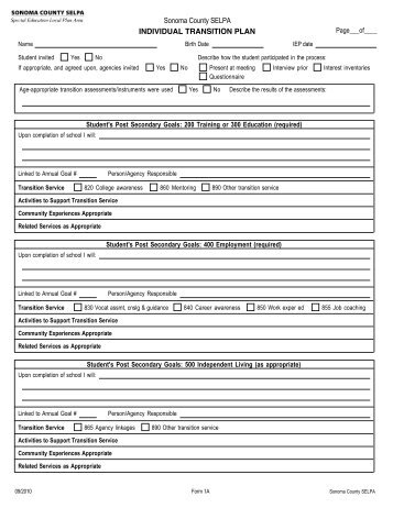 INDIVIDUAL TRANSITION PLAN Sonoma County SELPA