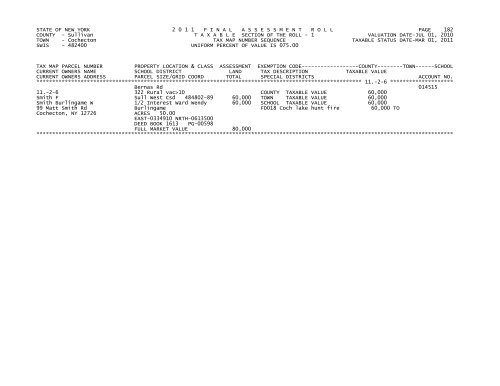 STATE OF NEW YORK 2 0 1 1 FINALASSESSMENTROLL PAGE 1 ...