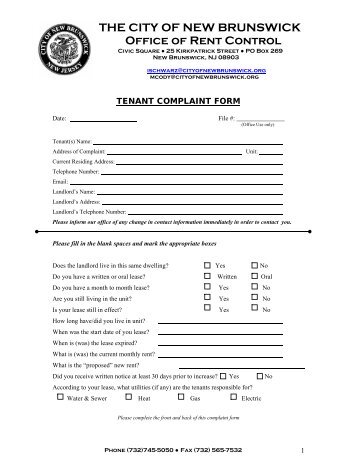 Tenant Complaint Form - The City Of New Brunswick