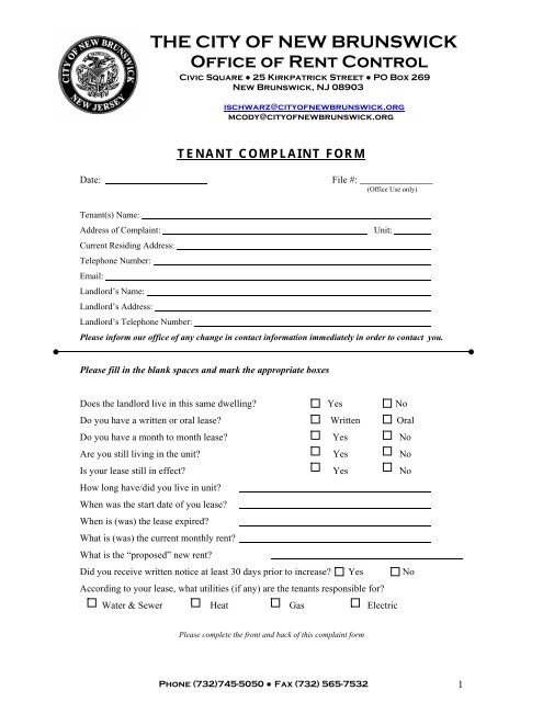 Tenant Complaint Form - The City Of New Brunswick