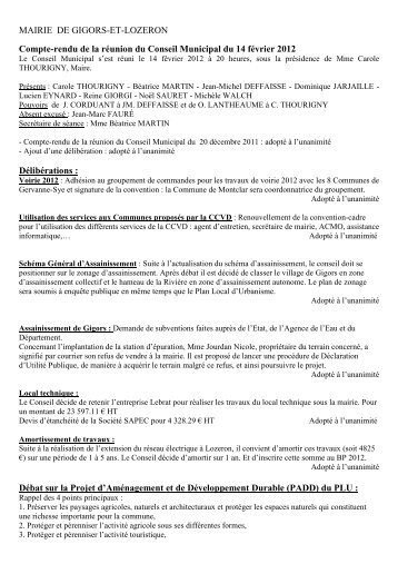 Compte-rendu de la rÃ©union du conseil ... - Gigors & Lozeron