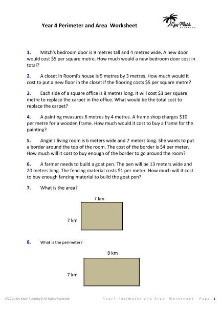 Year 4 Perimeter And Area Worksheet Questgarden Com