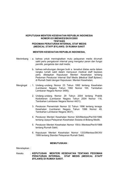 Pedoman Peraturan Internal Staf Medis - Manajemen Rumah Sakit ...