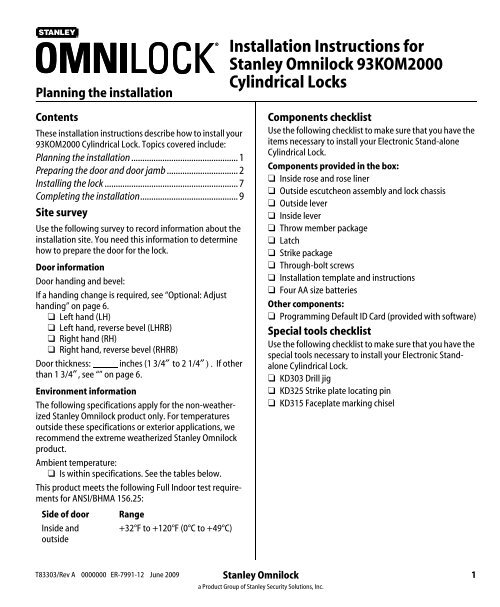 Installation Instructions for Stanley Omnilock 9KOM Cylindrical Locks