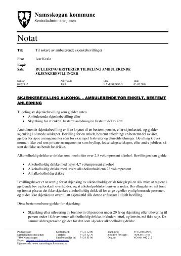 Kriterier for ambulerende skjenkebevilling - Lokal tjenestekatalog