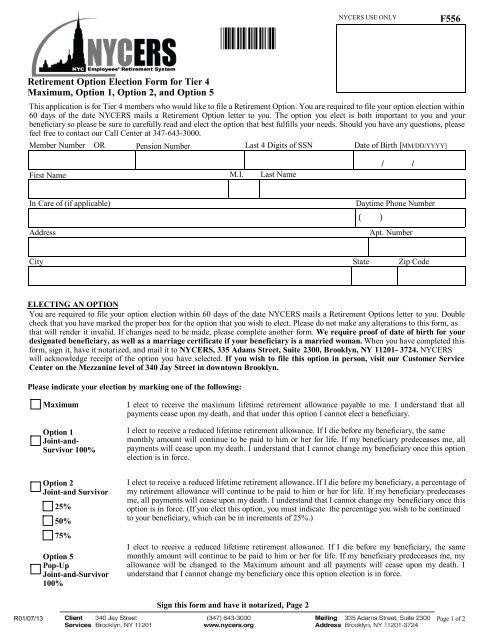 F556 Retirement Option Election Form For Tier 4 Nycers