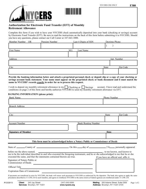 F380 Authorization For Electronic Fund Transfer Eft Of Nycers
