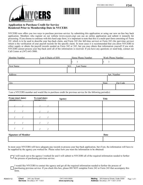 application to purchase credit for service rendered prior nycers rendered service