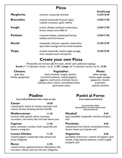 pizzeria menu - Tra Vigne