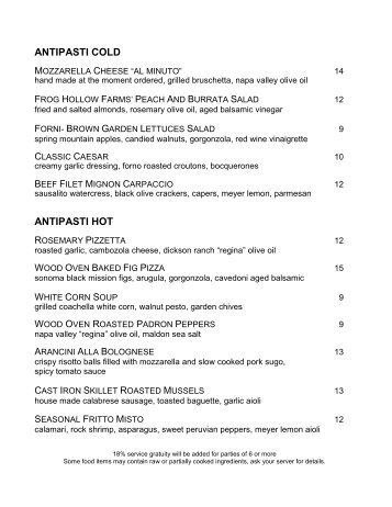 dinner menu pdf - Tra Vigne