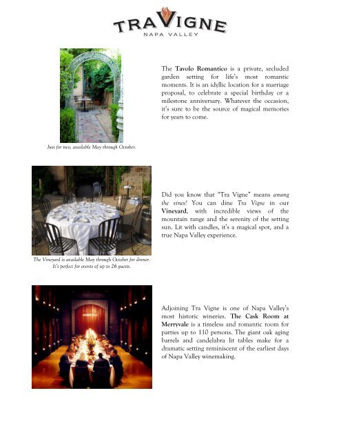 private dining menu - Tra Vigne