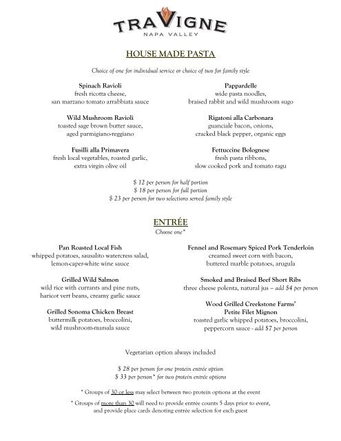 private dining menu - Tra Vigne