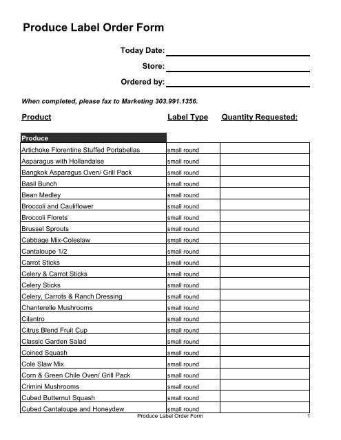 Produce Label Order Form - staff page, Tony's Market Home