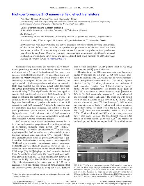 High-performance ZnO nanowire field effect transistors