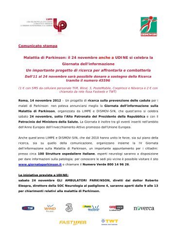 Comunicato stampa giornata parkinson 2012 - Ospedale di Udine