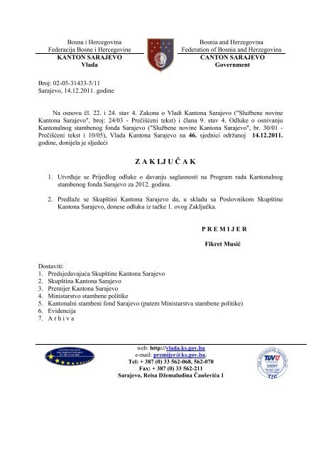 Program rada KSF 2012.pdf - SkupÅ¡tina Kantona Sarajevo - Vlada ...