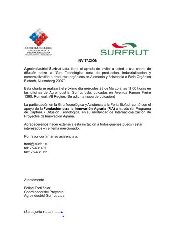 INVITACIÃN Agroindustrial Surfrut Ltda tiene el agrado de ... - Fia