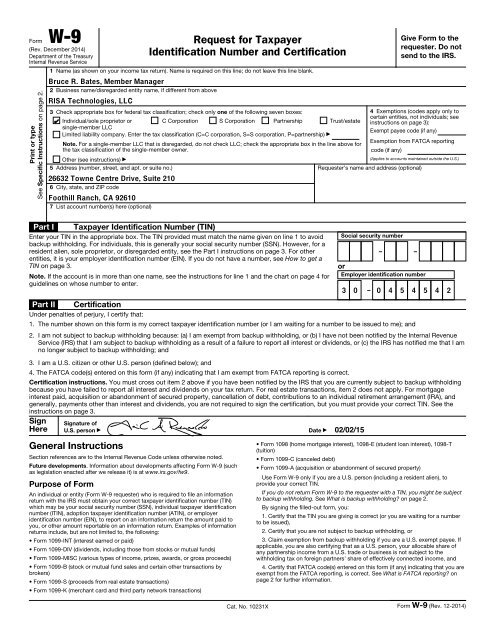RISA Tech W-9 Form (PDF, 173KB)