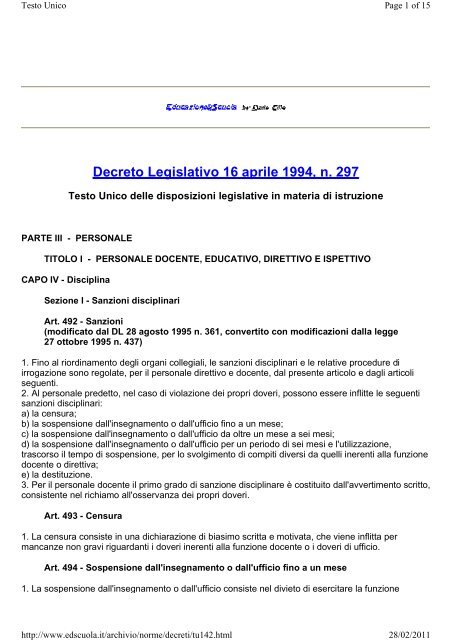 Decreto Legislativo 16 aprile 1994, n. 297 - Sogisnc.it