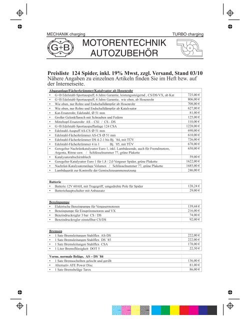 Preisliste 124 Spider Inkl 19 Mwst Zzgl G B Motorentechnik