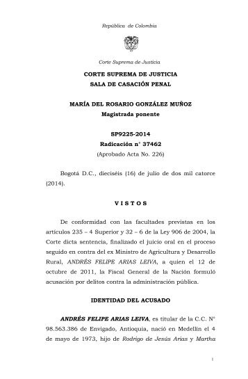 37462 (16-07-14) sentencia contra exministro andrés felipe arias
