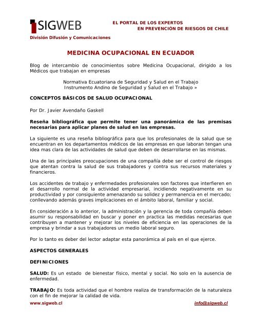 La Medicina Ocupacional en Ecuador - Sigweb