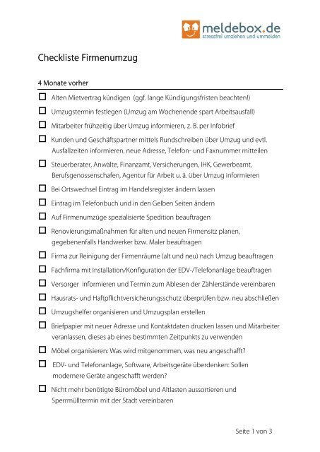 Checkliste Firmenumzug - Meldebox.de