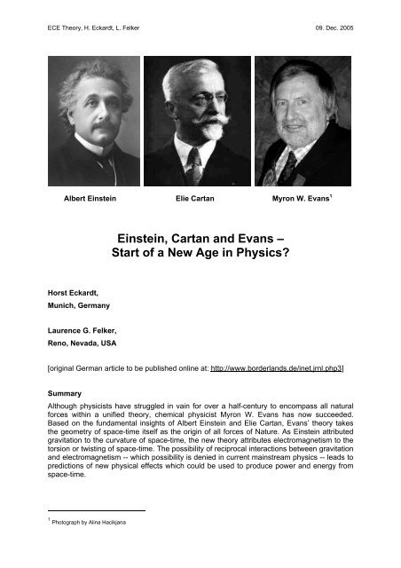 Einstein, Cartan and Evans – Start of a New Age in Physics? - Aias.us
