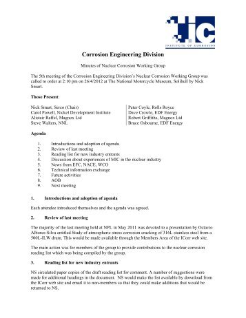 Minutes of Nuclear Corrosion Working Group - the Institute of ...